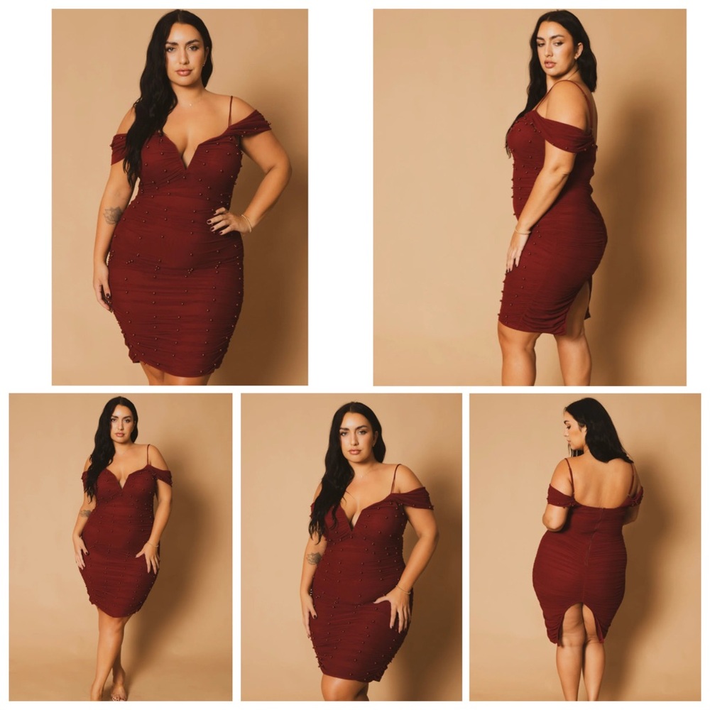 PLUS SIZE Elegant Off-Shoulder Burgundy Dress WITH PEARLS